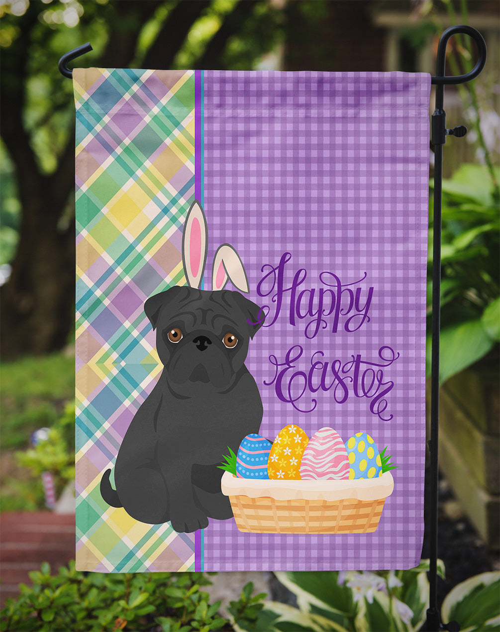 Black Pug Easter Garden Flag Mailbox Decorative Yard Banner Outside Patio Artwork for Flower Beds, Garden Size, Multicolor