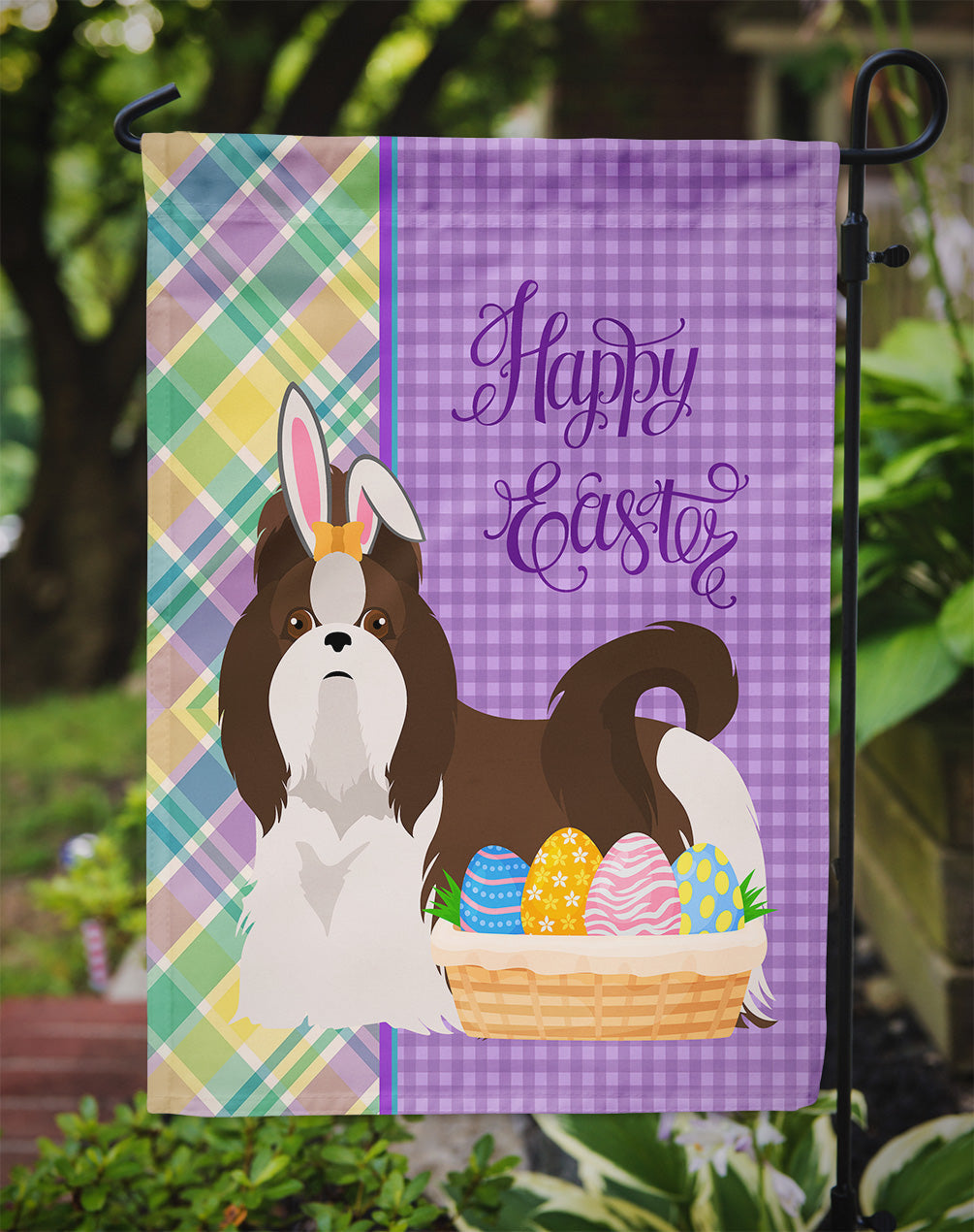 Liver and White Shih Tzu Easter Garden Flag Mailbox Decorative Yard Banner Outside Patio Artwork for Flower Beds, Garden Size, Multicolor