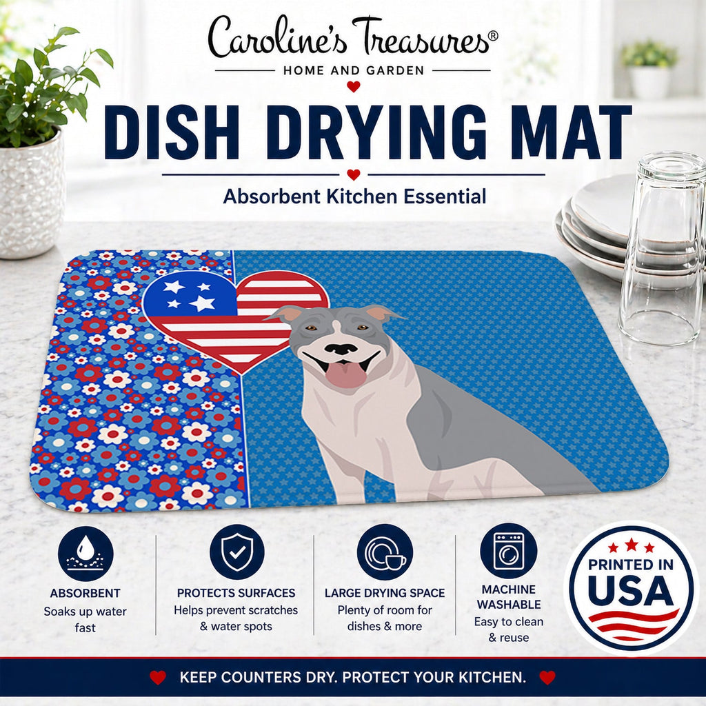 Blue and White Pit Bull Terrier USA American Dish Drying Mat Absorbent Dish Drying Mat Pad for Kitchen Counter Dish Drainer Mat for Countertop, 14 x 21", Multicolor
