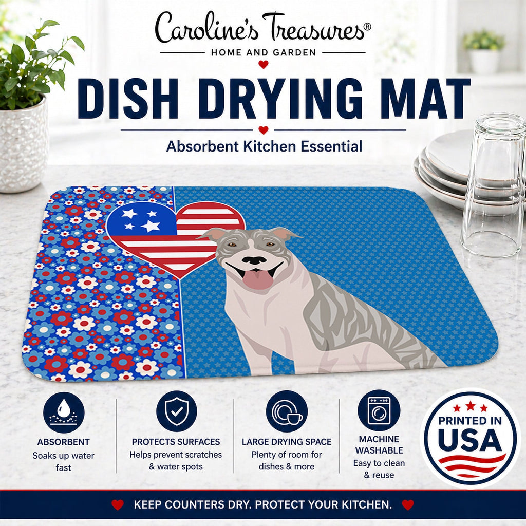 Blue Brindle Pit Bull Terrier USA American Dish Drying Mat Absorbent Dish Drying Mat Pad for Kitchen Counter Dish Drainer Mat for Countertop, 14 x 21", Multicolor