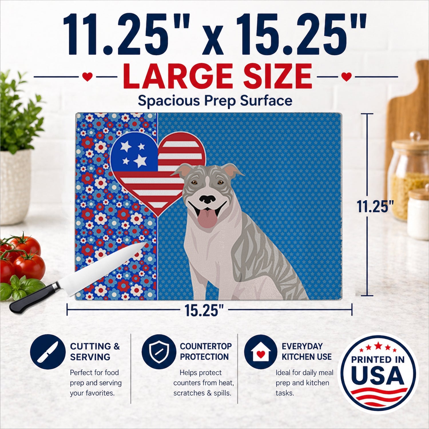 Blue Brindle Pit Bull Terrier USA American Cutting Board Tempered Glass Kitchen Cutting Surface, Heat Resistant Chopping, Non-Slip Feet, Food Prep & Serving