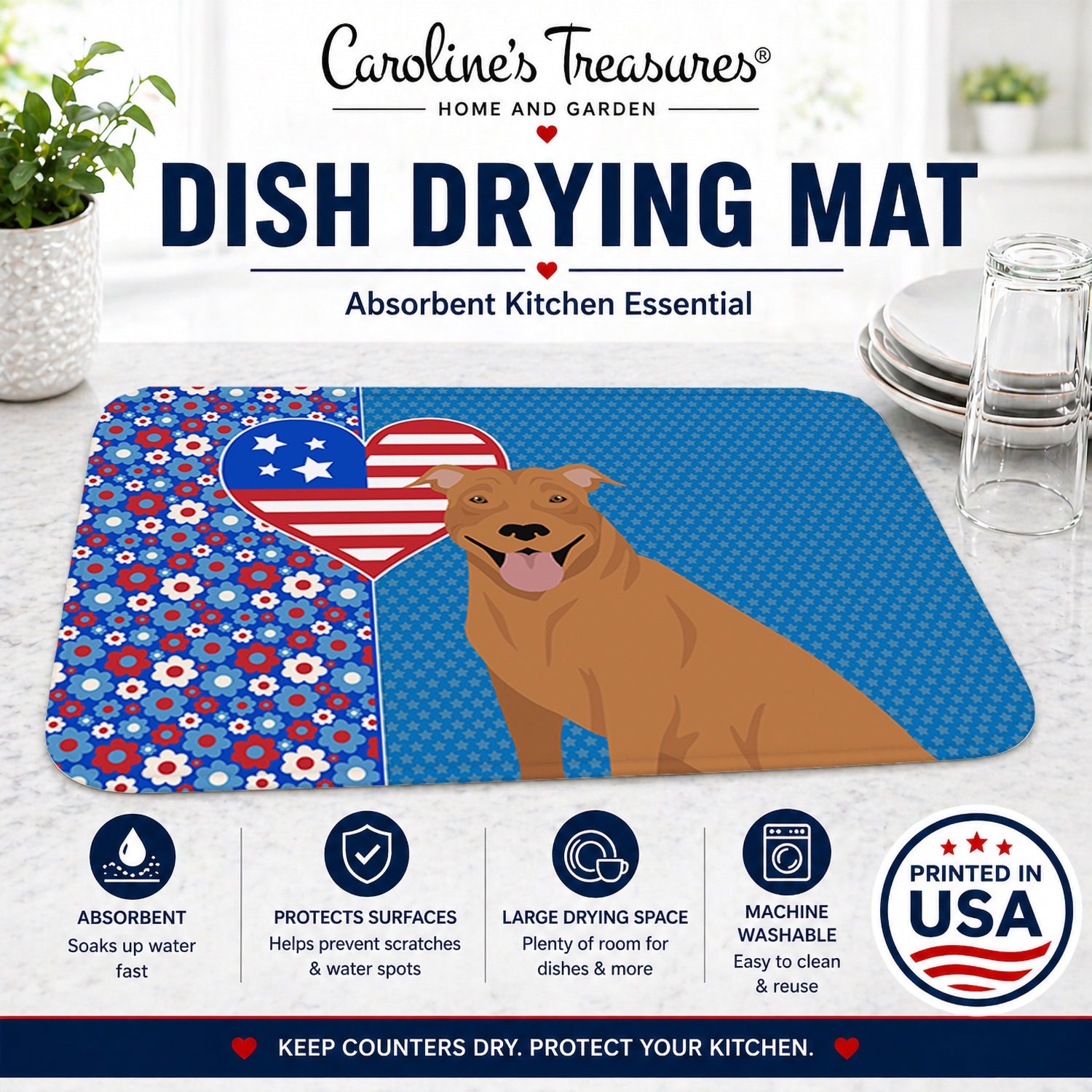 Red Pit Bull Terrier USA American Dish Drying Mat Absorbent Dish Drying Mat Pad for Kitchen Counter Dish Drainer Mat for Countertop, 14 x 21", Multicolor