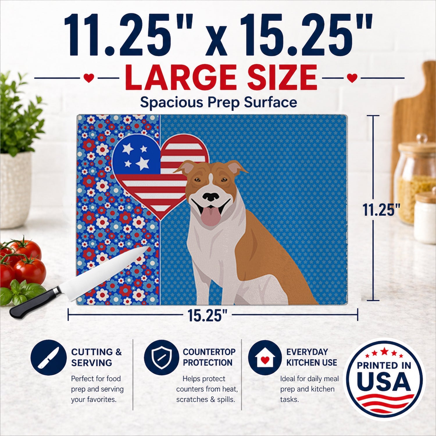 Red and White Pit Bull Terrier USA American Cutting Board Tempered Glass Kitchen Cutting Surface, Heat Resistant Chopping, Non-Slip Feet, Food Prep & Serving