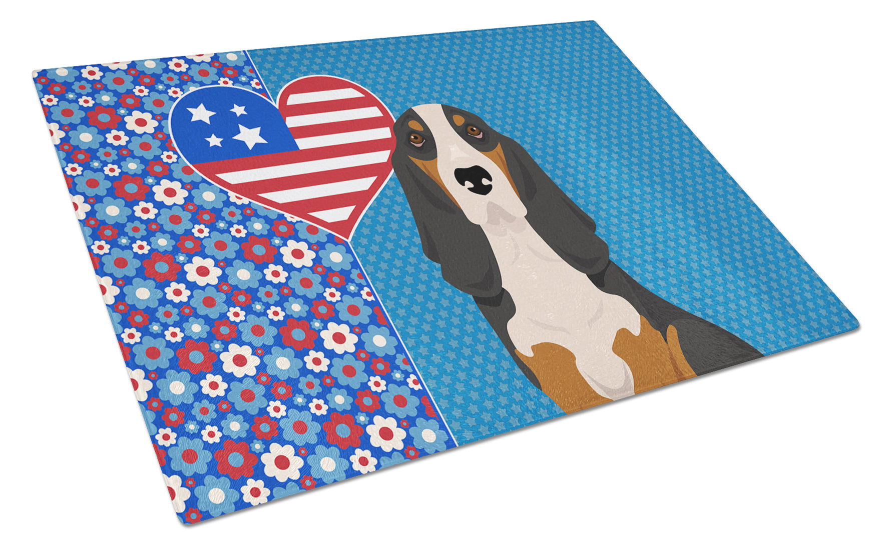 Black Tricolor Basset Hound USA American Cutting Board Tempered Glass Kitchen Cutting Surface, Heat Resistant Chopping, Non-Slip Feet, Food Prep & Serving