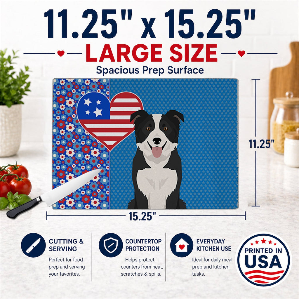 Black and White Border Collie USA American Cutting Board Tempered Glass Kitchen Cutting Surface, Heat Resistant Chopping, Non-Slip Feet, Food Prep & Serving