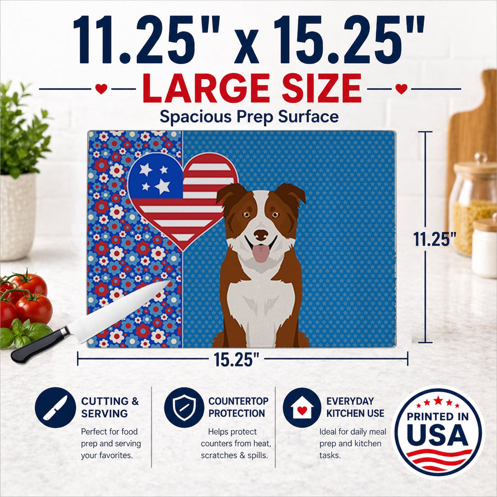 Red and White Border Collie USA American Cutting Board Tempered Glass Kitchen Cutting Surface, Heat Resistant Chopping, Non-Slip Feet, Food Prep & Serving
