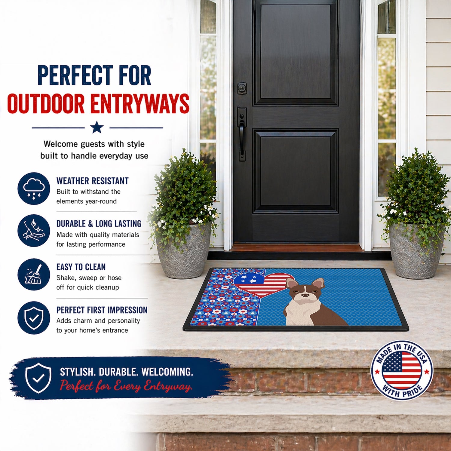 Red Boston Terrier USA American Doormat Indoor Outdoor 24H X 36W Front Door Mat Rugs for Entryway, Non Slip Washable Low Pile,