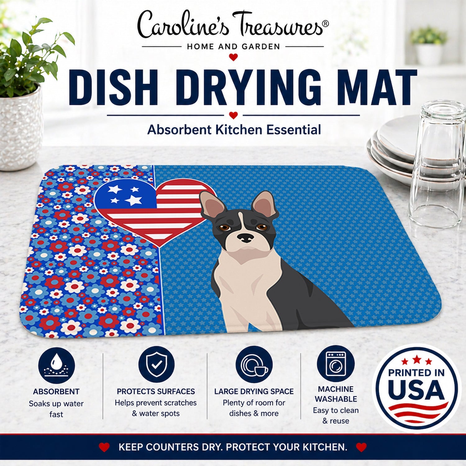 Black Boston Terrier USA American Dish Drying Mat Absorbent Dish Drying Mat Pad for Kitchen Counter Dish Drainer Mat for Countertop, 14 x 21", Multicolor