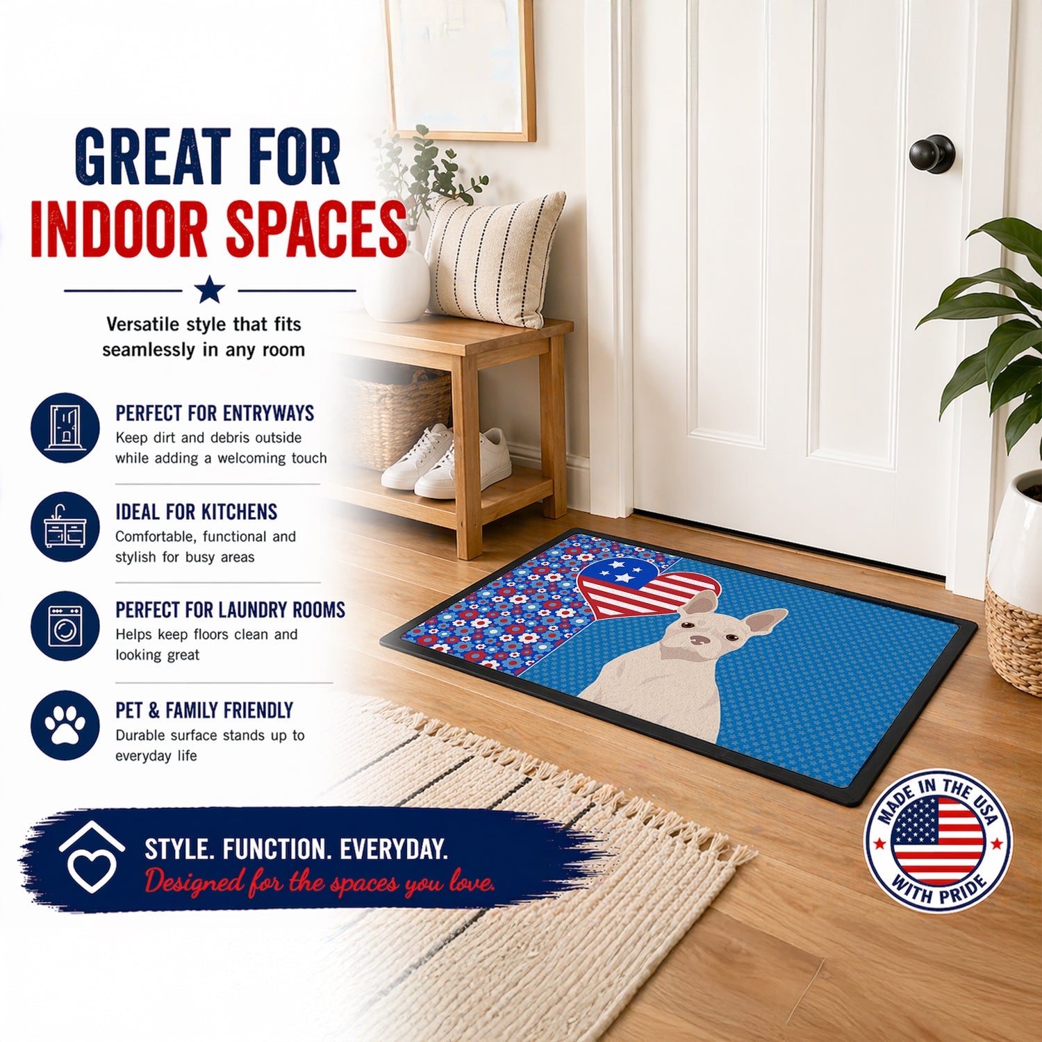 White Boston Terrier USA American Doormat Indoor Outdoor 24H X 36W Front Door Mat Rugs for Entryway, Non Slip Washable Low Pile,