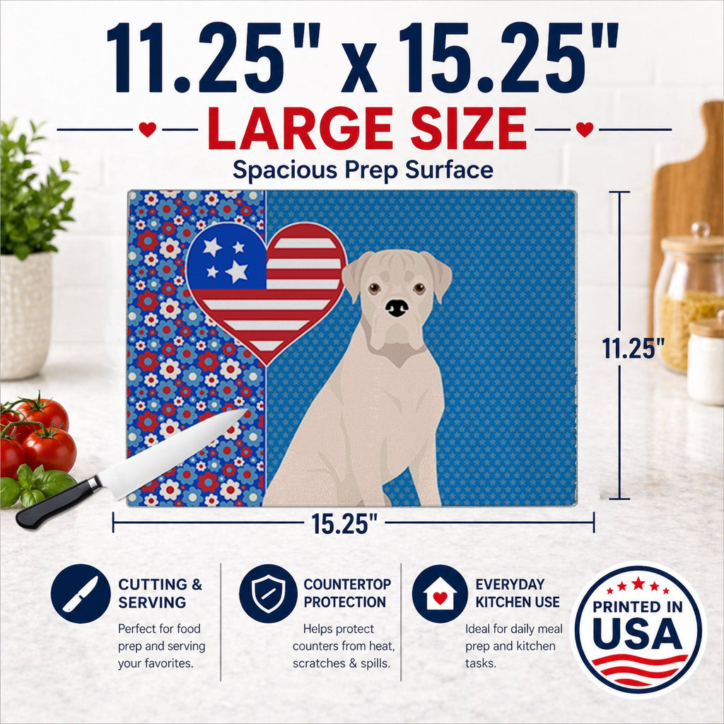 Natural Eared White Boxer USA American Cutting Board Tempered Glass Kitchen Cutting Surface, Heat Resistant Chopping, Non-Slip Feet, Food Prep & Serving