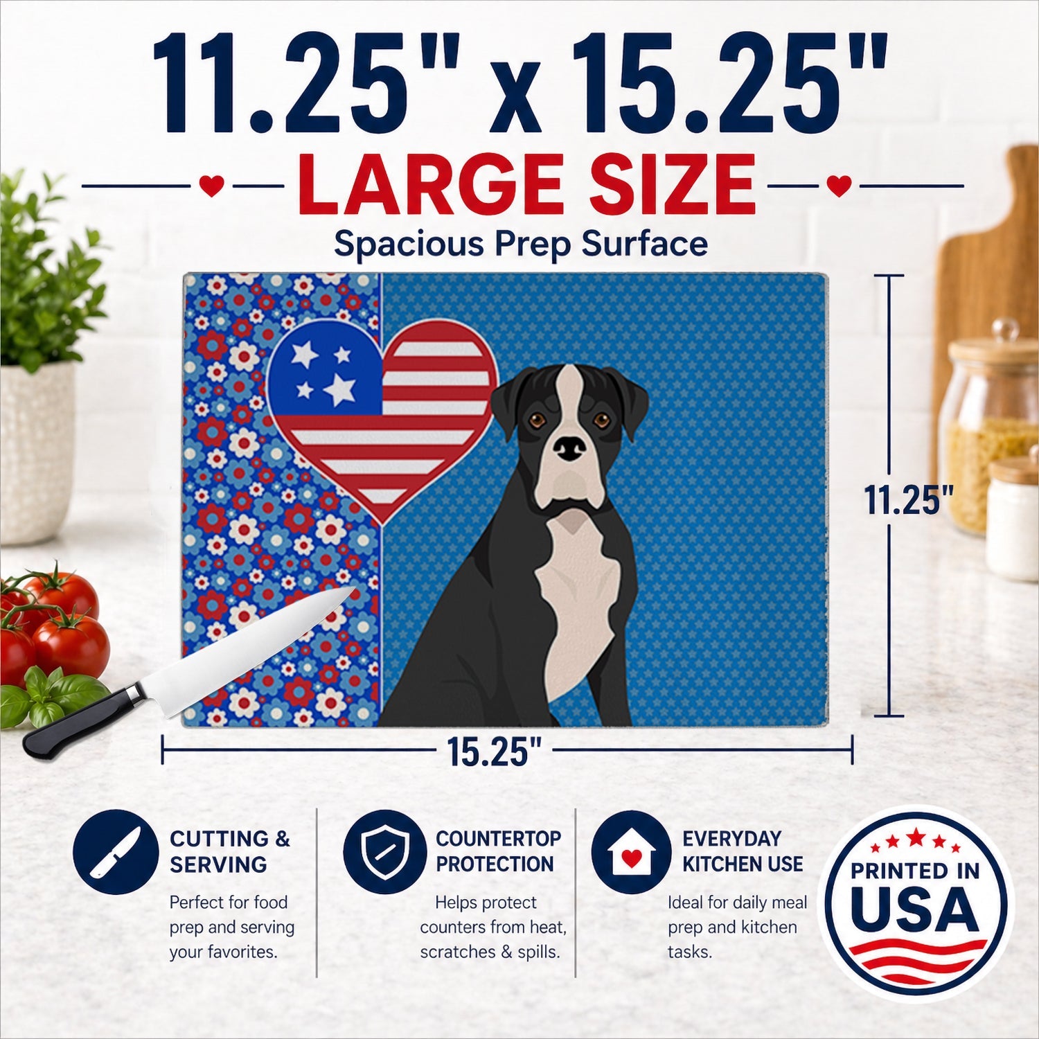 Natural Eared Black Boxer USA American Cutting Board Tempered Glass Kitchen Cutting Surface, Heat Resistant Chopping, Non-Slip Feet, Food Prep & Serving