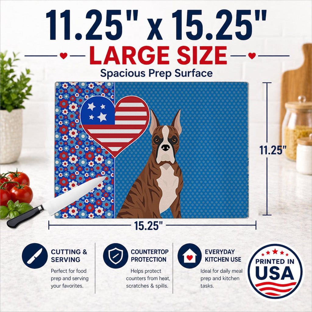 Red Brindle Boxer USA American Cutting Board Tempered Glass Kitchen Cutting Surface, Heat Resistant Chopping, Non-Slip Feet, Food Prep & Serving
