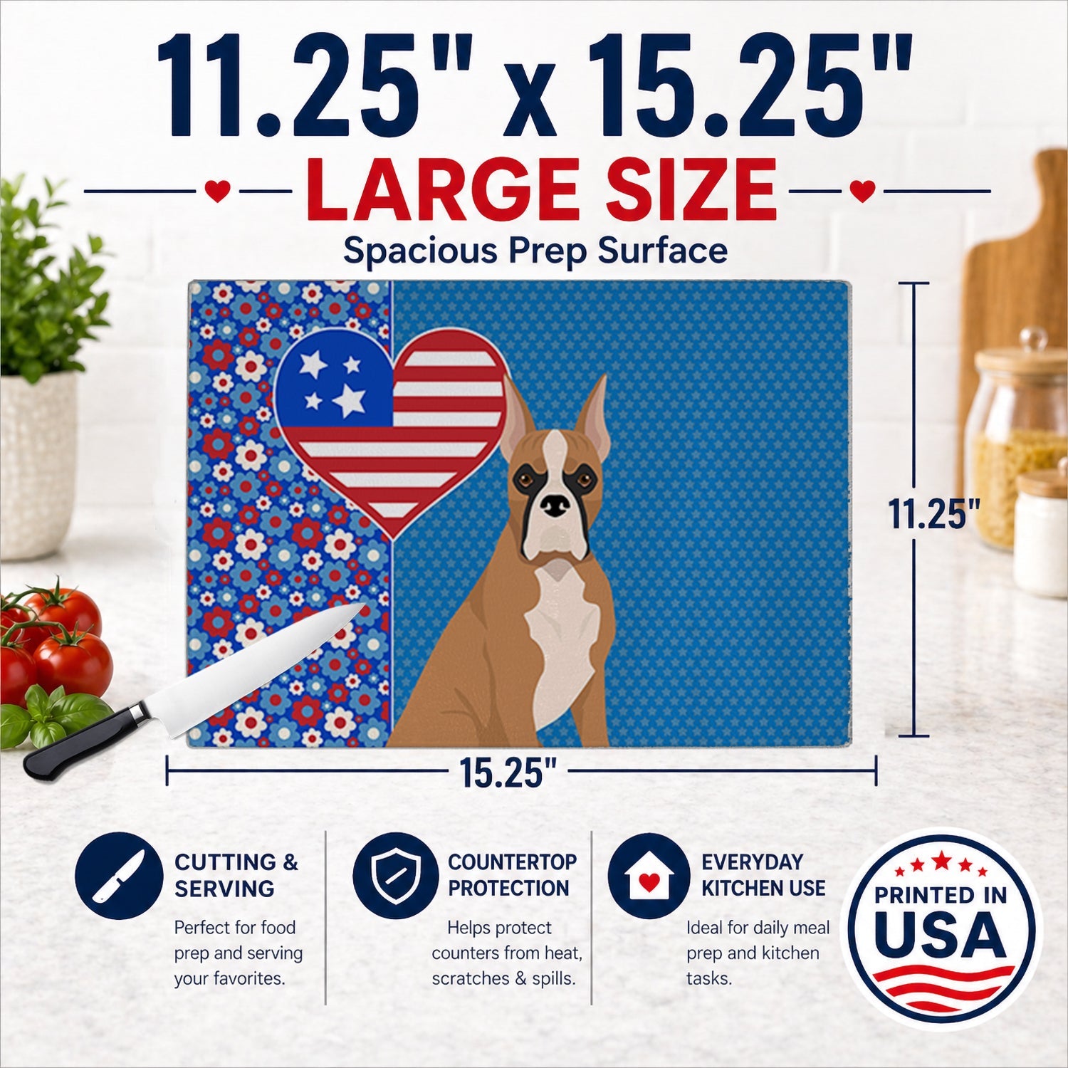 Fawn Boxer USA American Cutting Board Tempered Glass Kitchen Cutting Surface, Heat Resistant Chopping, Non-Slip Feet, Food Prep & Serving