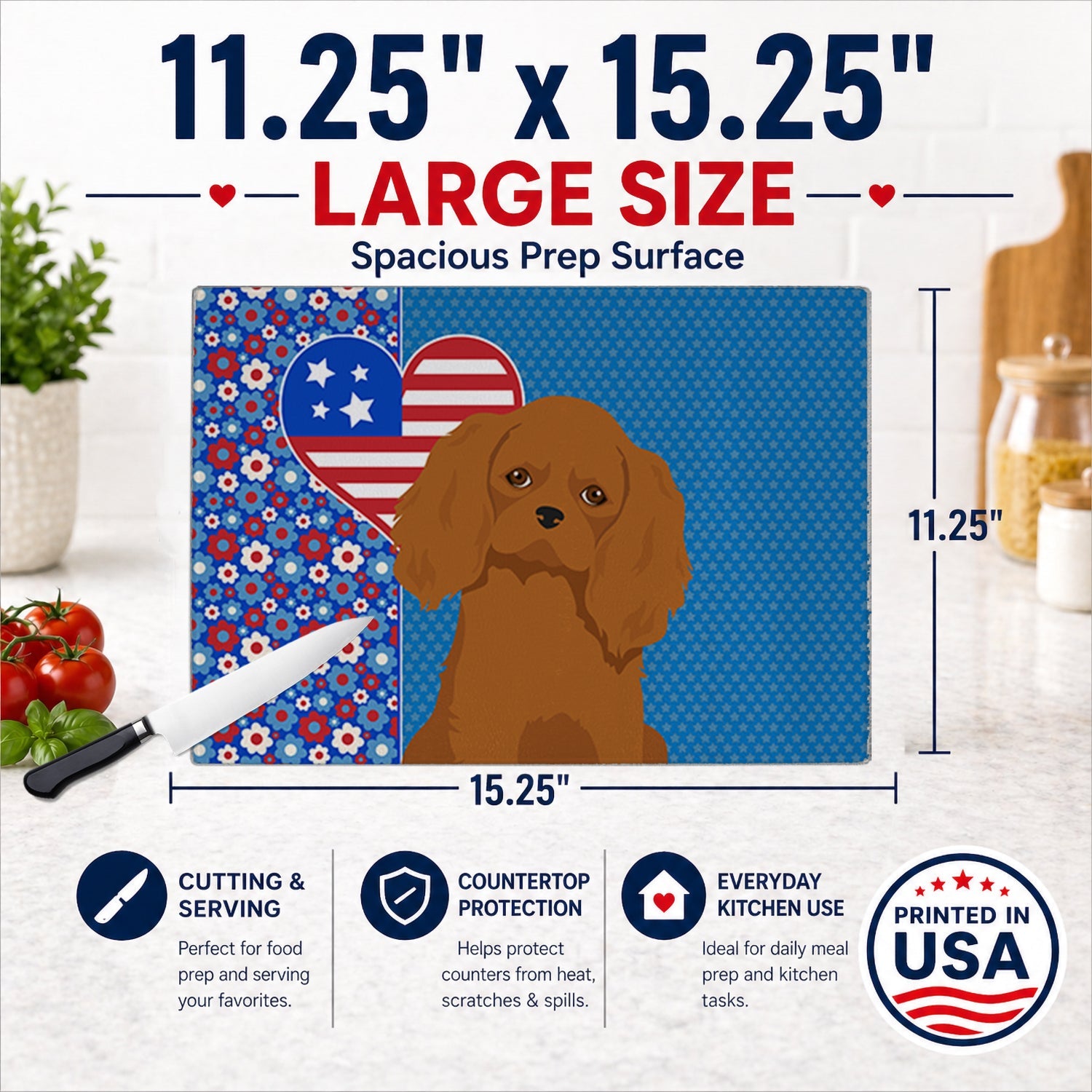 Ruby Cavalier Spaniel USA American Cutting Board Tempered Glass Kitchen Cutting Surface, Heat Resistant Chopping, Non-Slip Feet, Food Prep & Serving