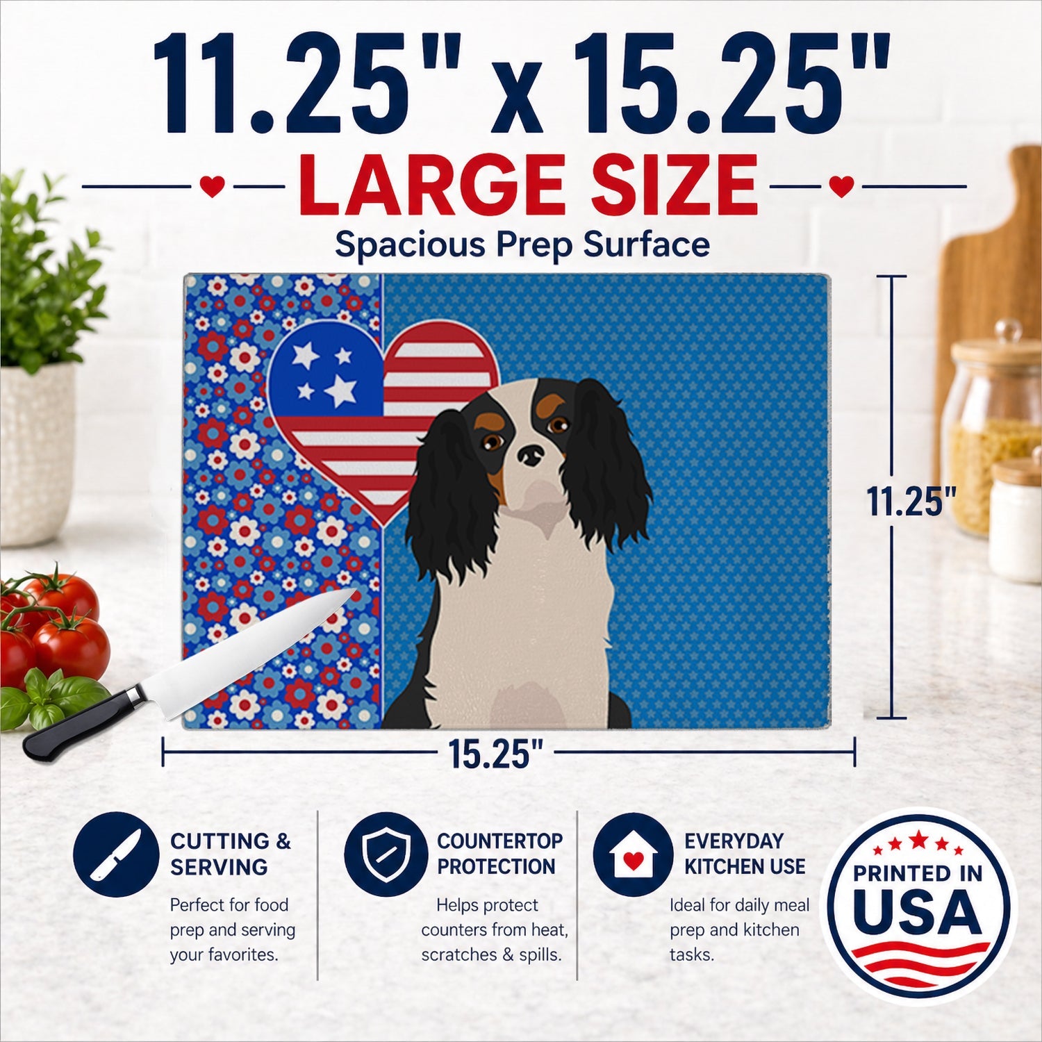 Tricolor Cavalier Spaniel USA American Cutting Board Tempered Glass Kitchen Cutting Surface, Heat Resistant Chopping, Non-Slip Feet, Food Prep & Serving