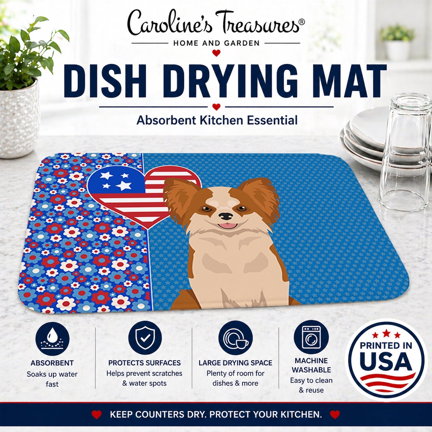 Longhaired Red and White Chihuahua USA American Dish Drying Mat Absorbent Dish Drying Mat Pad for Kitchen Counter Dish Drainer Mat for Countertop, 14 x 21", Multicolor
