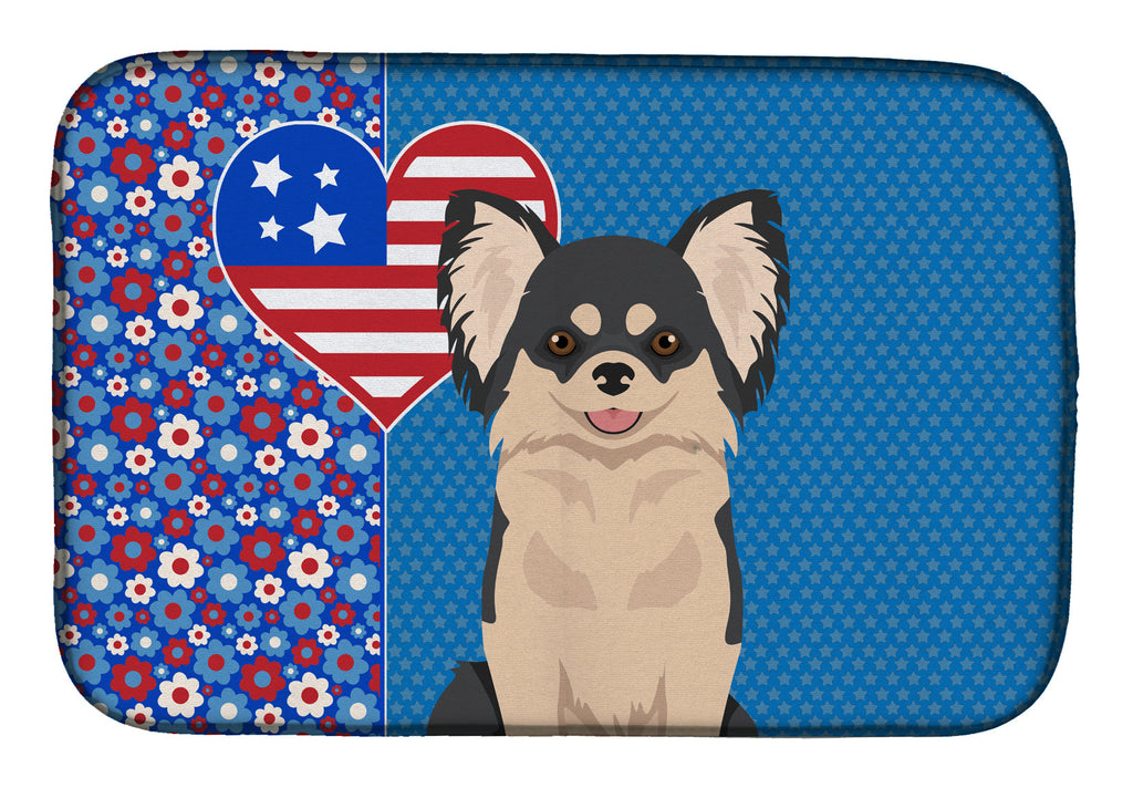 Longhaired Black and White Chihuahua USA American Dish Drying Mat Absorbent Dish Drying Mat Pad for Kitchen Counter Dish Drainer Mat for Countertop, 14 x 21", Multicolor
