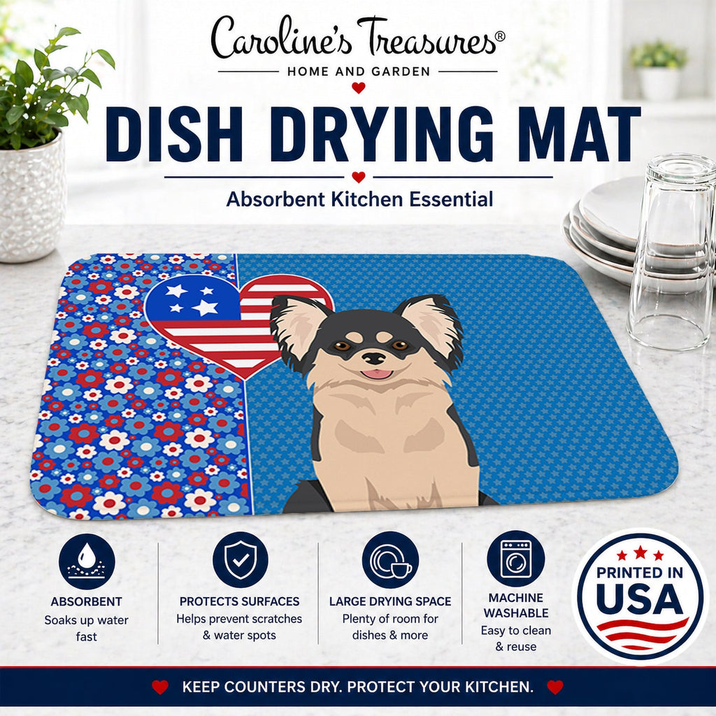Longhaired Black and White Chihuahua USA American Dish Drying Mat Absorbent Dish Drying Mat Pad for Kitchen Counter Dish Drainer Mat for Countertop, 14 x 21", Multicolor