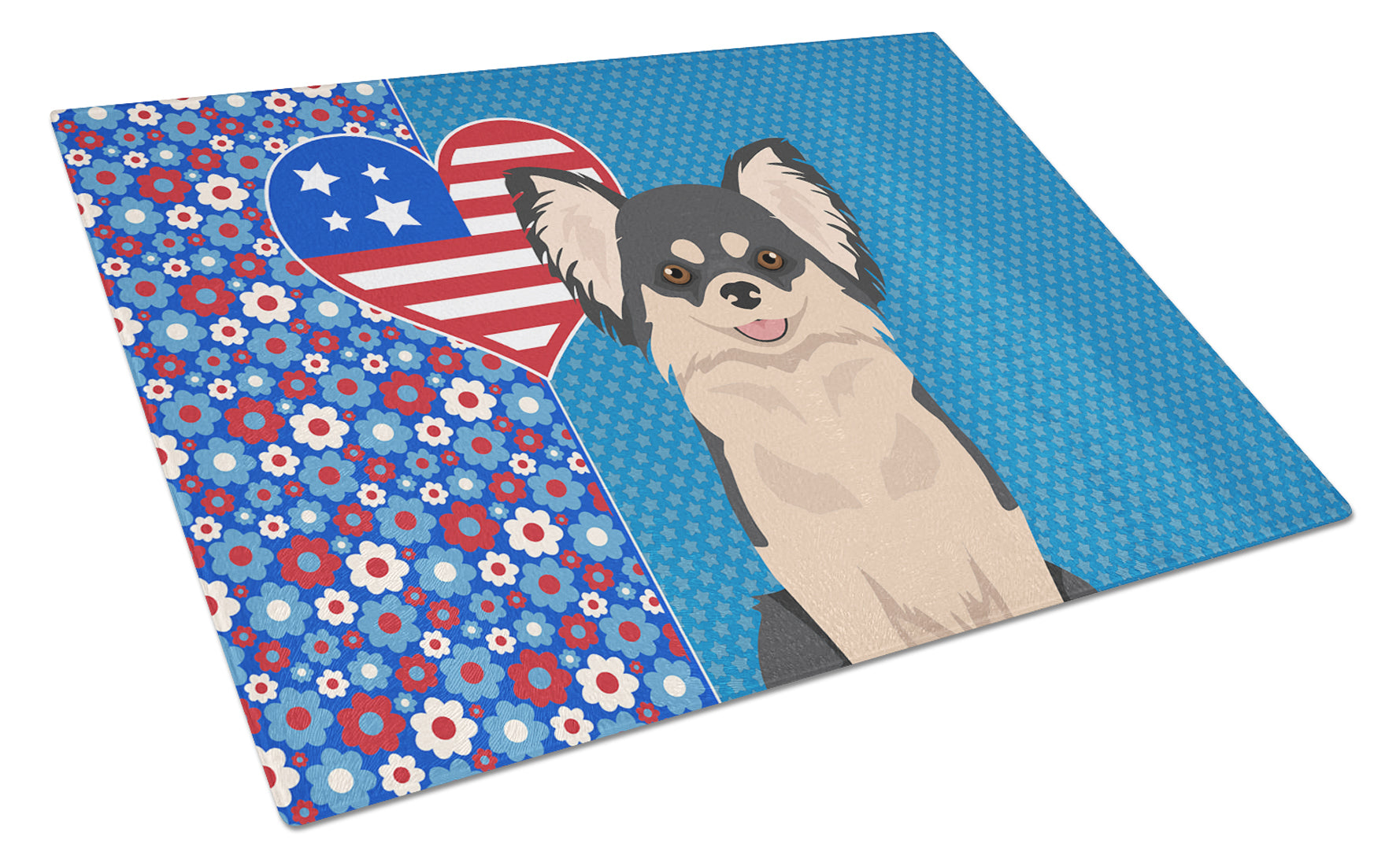 Longhaired Black and White Chihuahua USA American Cutting Board Tempered Glass Kitchen Cutting Surface, Heat Resistant Chopping, Non-Slip Feet, Food Prep & Serving