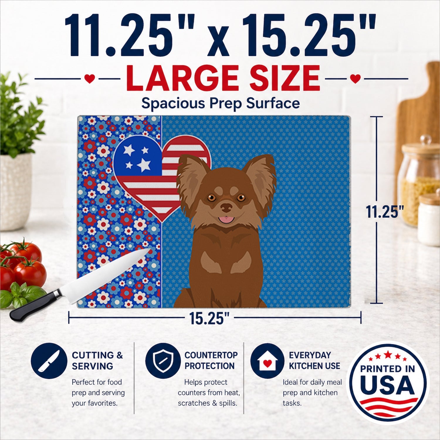 Longhaired Chocolate and Tan Chihuahua USA American Cutting Board Tempered Glass Kitchen Cutting Surface, Heat Resistant Chopping, Non-Slip Feet, Food Prep & Serving