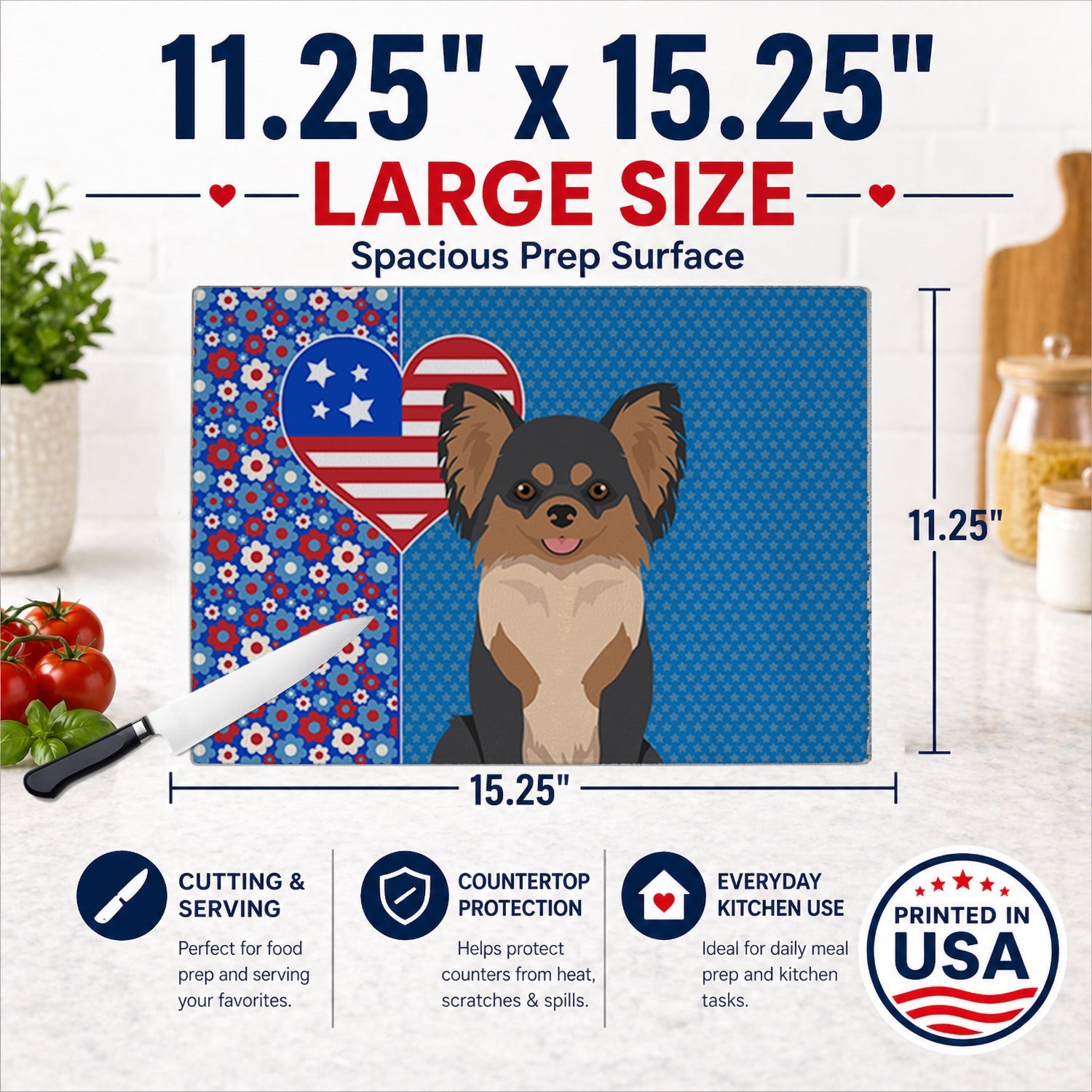 Longhaired Black and Tan Chihuahua USA American Cutting Board Tempered Glass Kitchen Cutting Surface, Heat Resistant Chopping, Non-Slip Feet, Food Prep & Serving