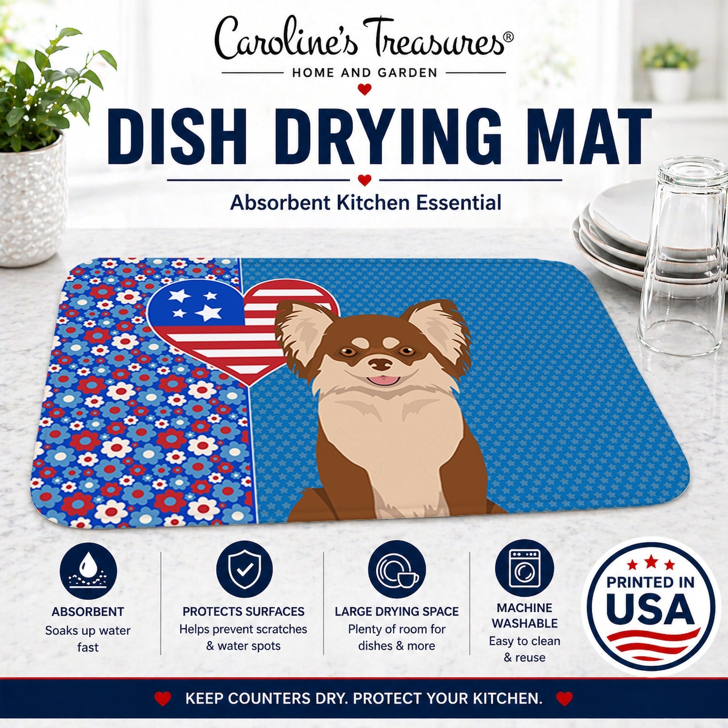 Longhaired Chocolate and White Chihuahua USA American Dish Drying Mat Absorbent Dish Drying Mat Pad for Kitchen Counter Dish Drainer Mat for Countertop, 14 x 21", Multicolor