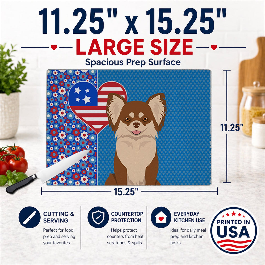 Longhaired Chocolate and White Chihuahua USA American Cutting Board Tempered Glass Kitchen Cutting Surface, Heat Resistant Chopping, Non-Slip Feet, Food Prep & Serving