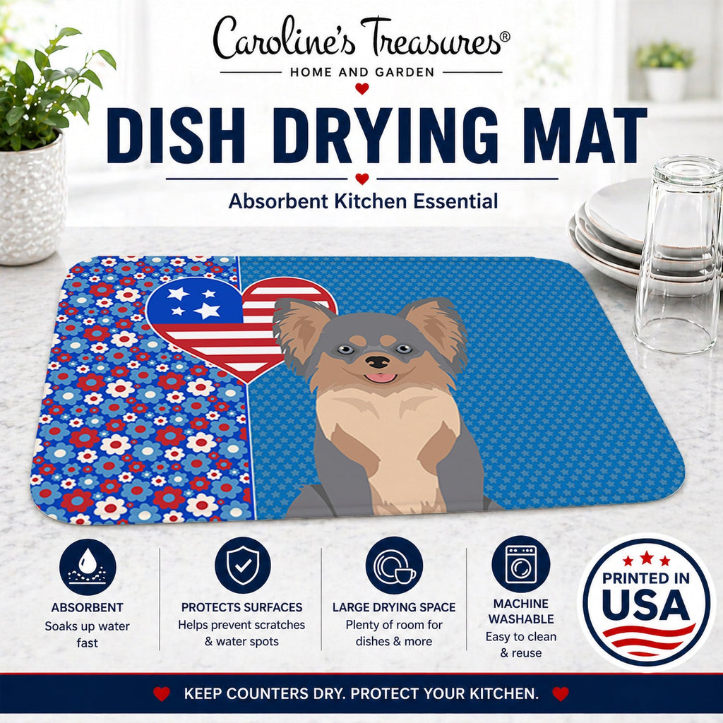 Longhaired Blue and Tan Chihuahua USA American Dish Drying Mat Absorbent Dish Drying Mat Pad for Kitchen Counter Dish Drainer Mat for Countertop, 14 x 21", Multicolor