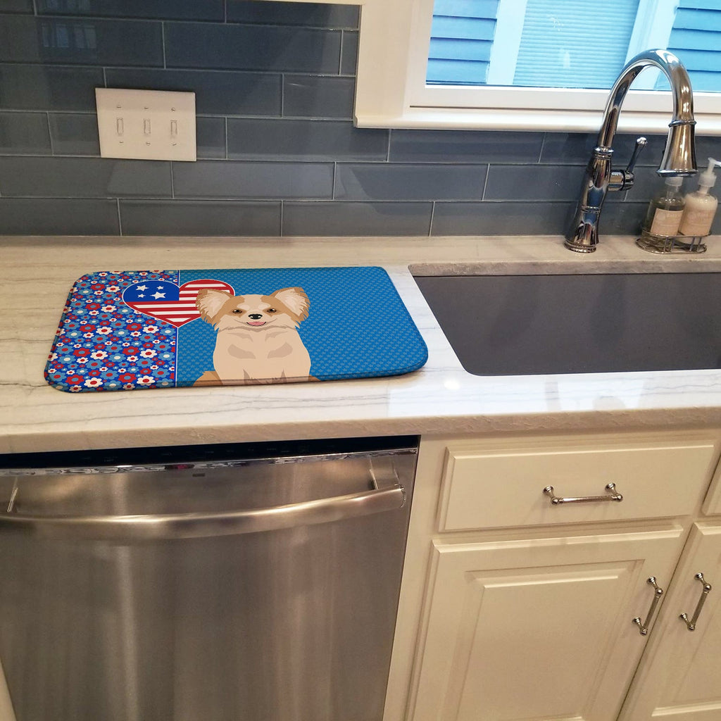 Longhaired Gold and White Chihuahua USA American Dish Drying Mat Absorbent Dish Drying Mat Pad for Kitchen Counter Dish Drainer Mat for Countertop, 14 x 21", Multicolor