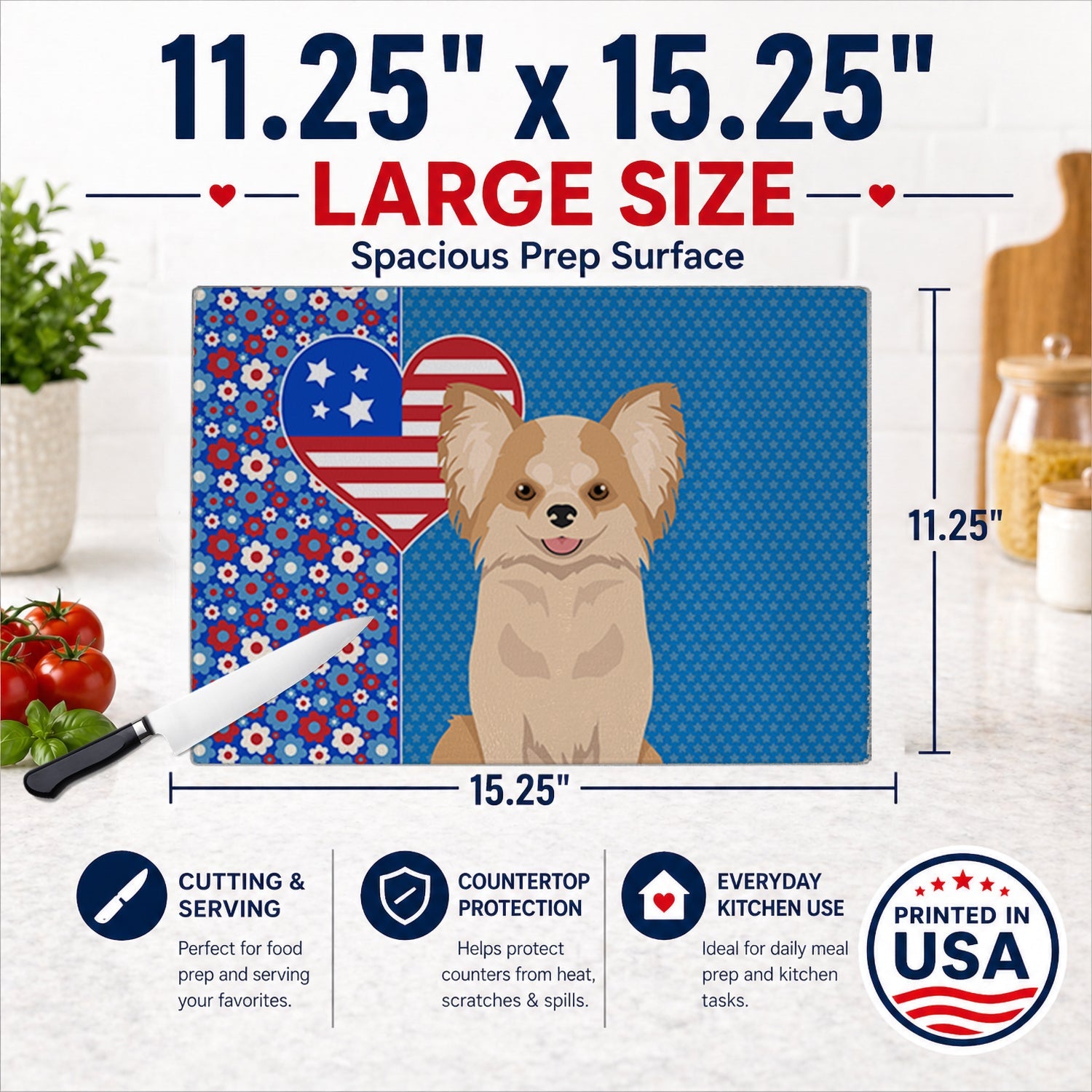 Longhaired Gold and White Chihuahua USA American Cutting Board Tempered Glass Kitchen Cutting Surface, Heat Resistant Chopping, Non-Slip Feet, Food Prep & Serving