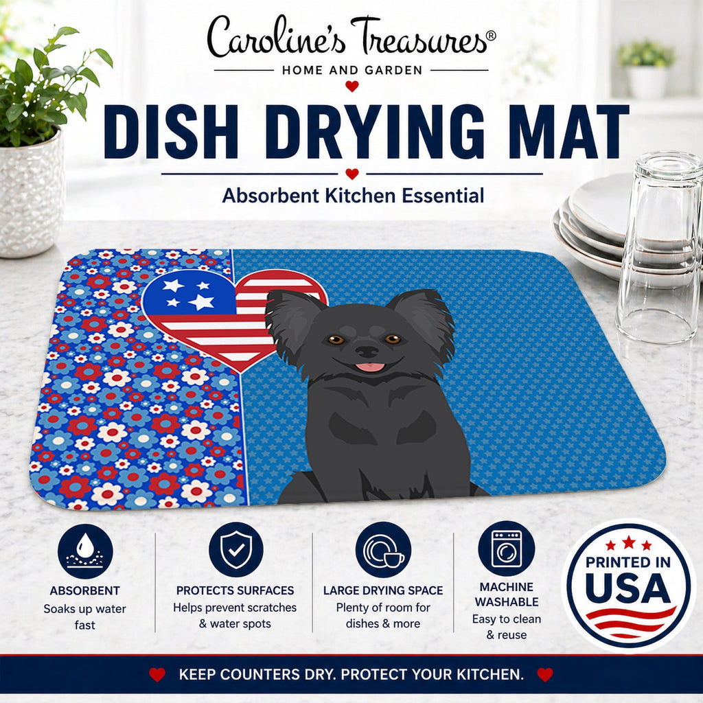 Longhaired Black Chihuahua USA American Dish Drying Mat Absorbent Dish Drying Mat Pad for Kitchen Counter Dish Drainer Mat for Countertop, 14 x 21", Multicolor