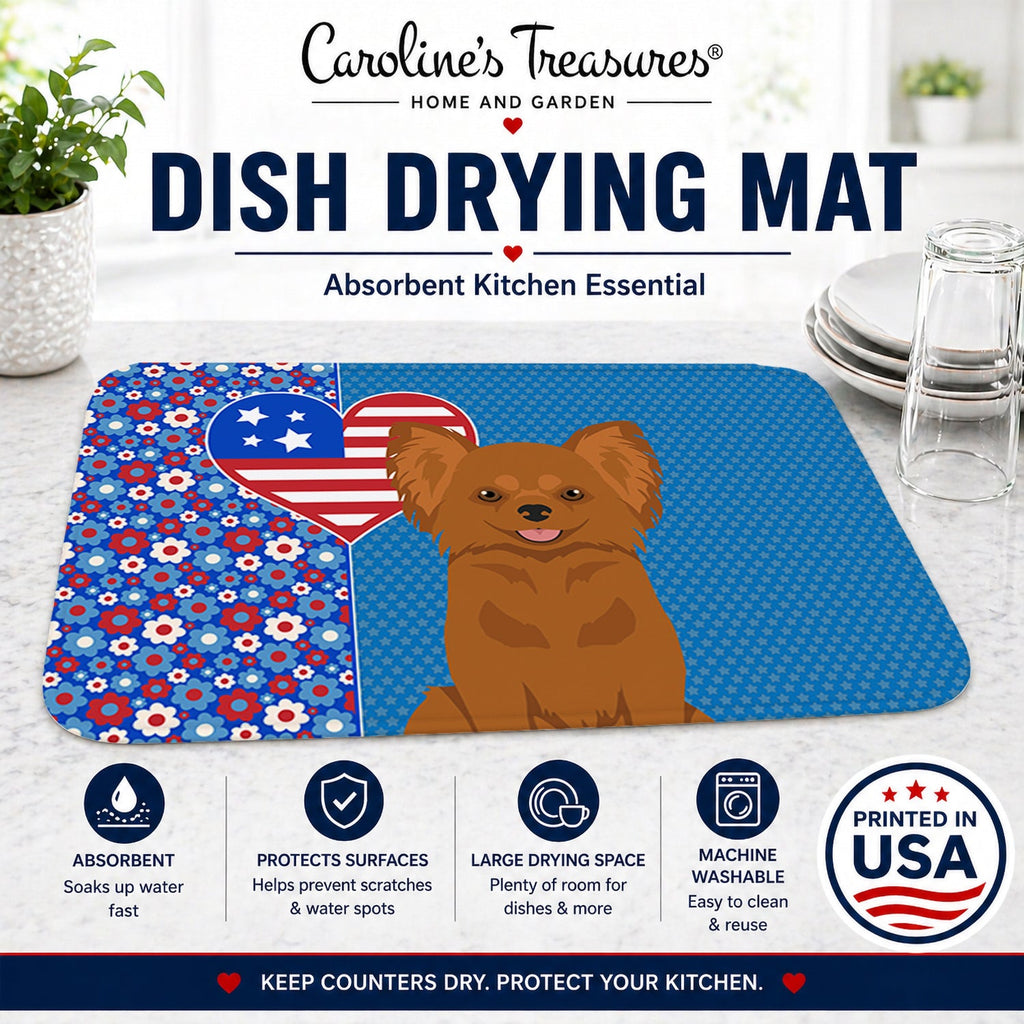 Longhaired Red Chihuahua USA American Dish Drying Mat Absorbent Dish Drying Mat Pad for Kitchen Counter Dish Drainer Mat for Countertop, 14 x 21", Multicolor