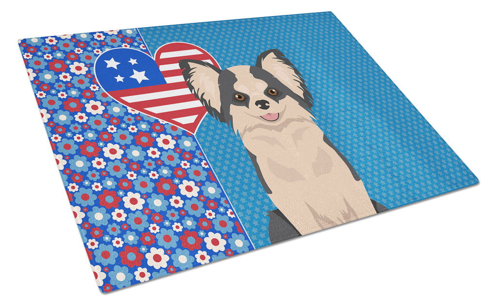 Longhaired Black and White #2 Chihuahua USA American Cutting Board Tempered Glass Kitchen Cutting Surface, Heat Resistant Chopping, Non-Slip Feet, Food Prep & Serving