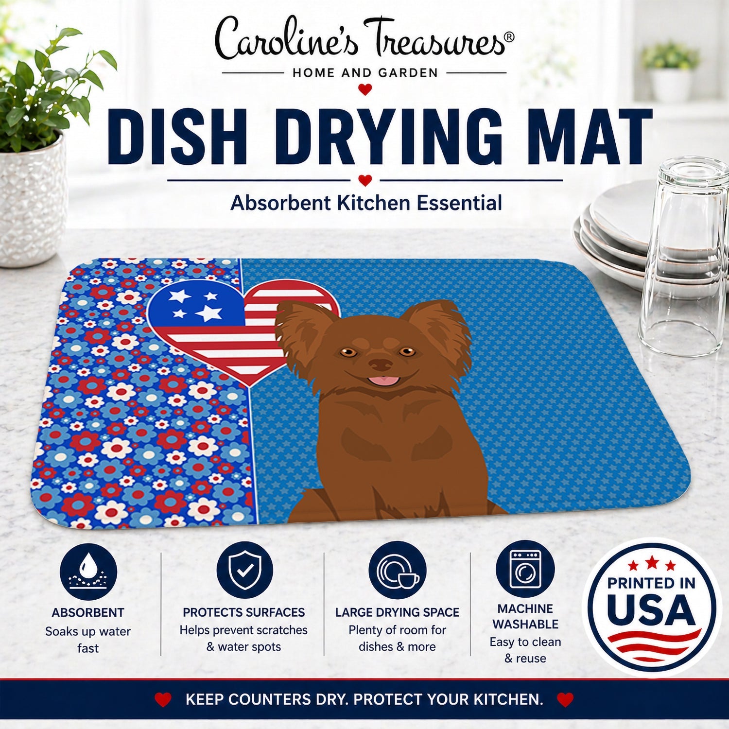 Longhaired Chocolate Chihuahua USA American Dish Drying Mat Absorbent Dish Drying Mat Pad for Kitchen Counter Dish Drainer Mat for Countertop, 14 x 21", Multicolor