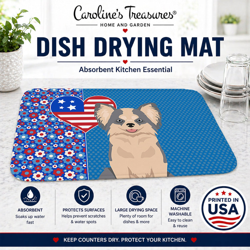 Longhaired Blue and White Chihuahua USA American Dish Drying Mat Absorbent Dish Drying Mat Pad for Kitchen Counter Dish Drainer Mat for Countertop, 14 x 21", Multicolor