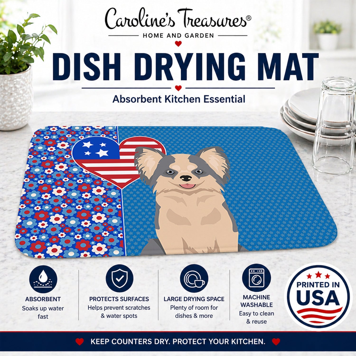 Longhaired Blue and White Chihuahua USA American Dish Drying Mat Absorbent Dish Drying Mat Pad for Kitchen Counter Dish Drainer Mat for Countertop, 14 x 21", Multicolor