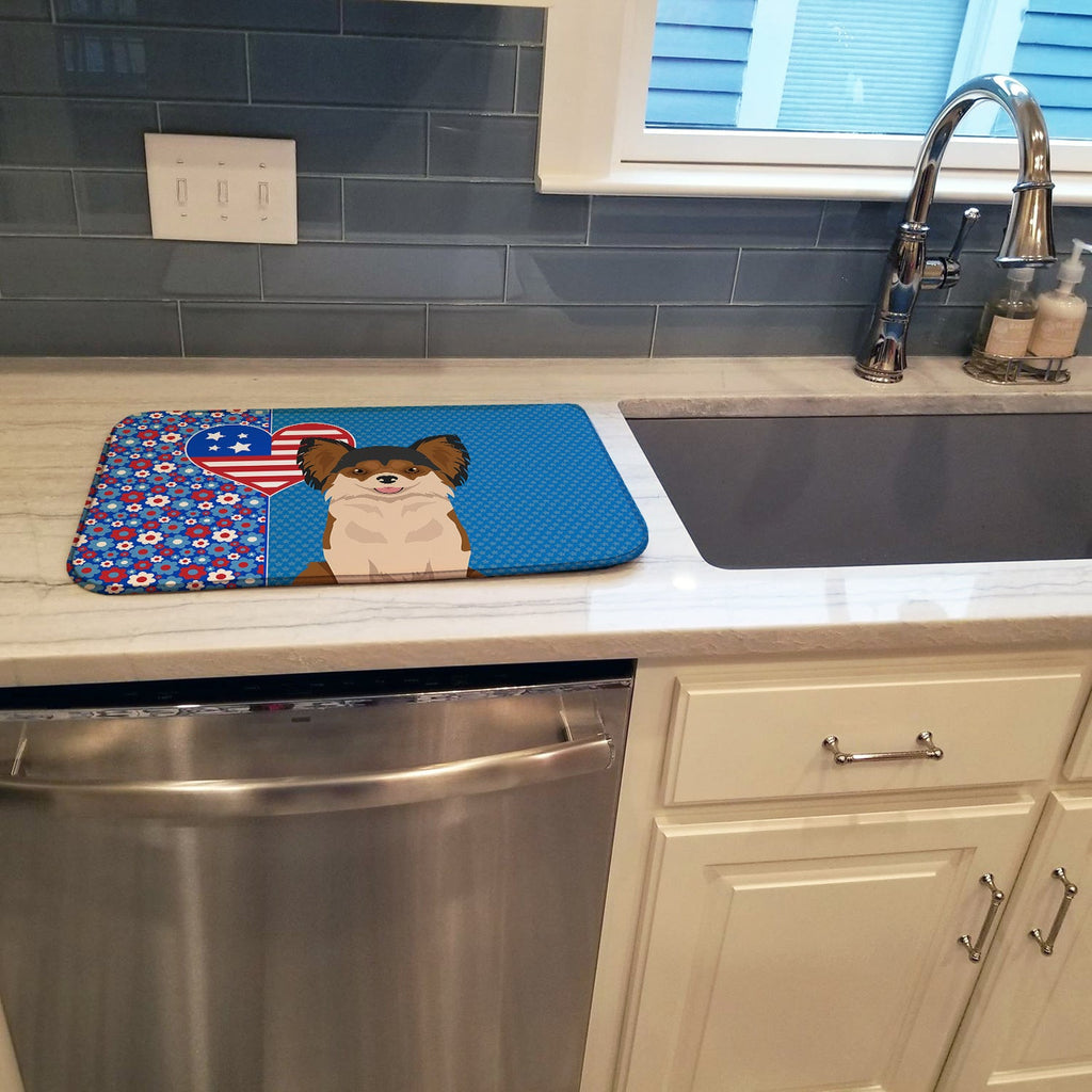 Longhaired Black and Red Chihuahua USA American Dish Drying Mat Absorbent Dish Drying Mat Pad for Kitchen Counter Dish Drainer Mat for Countertop, 14 x 21", Multicolor