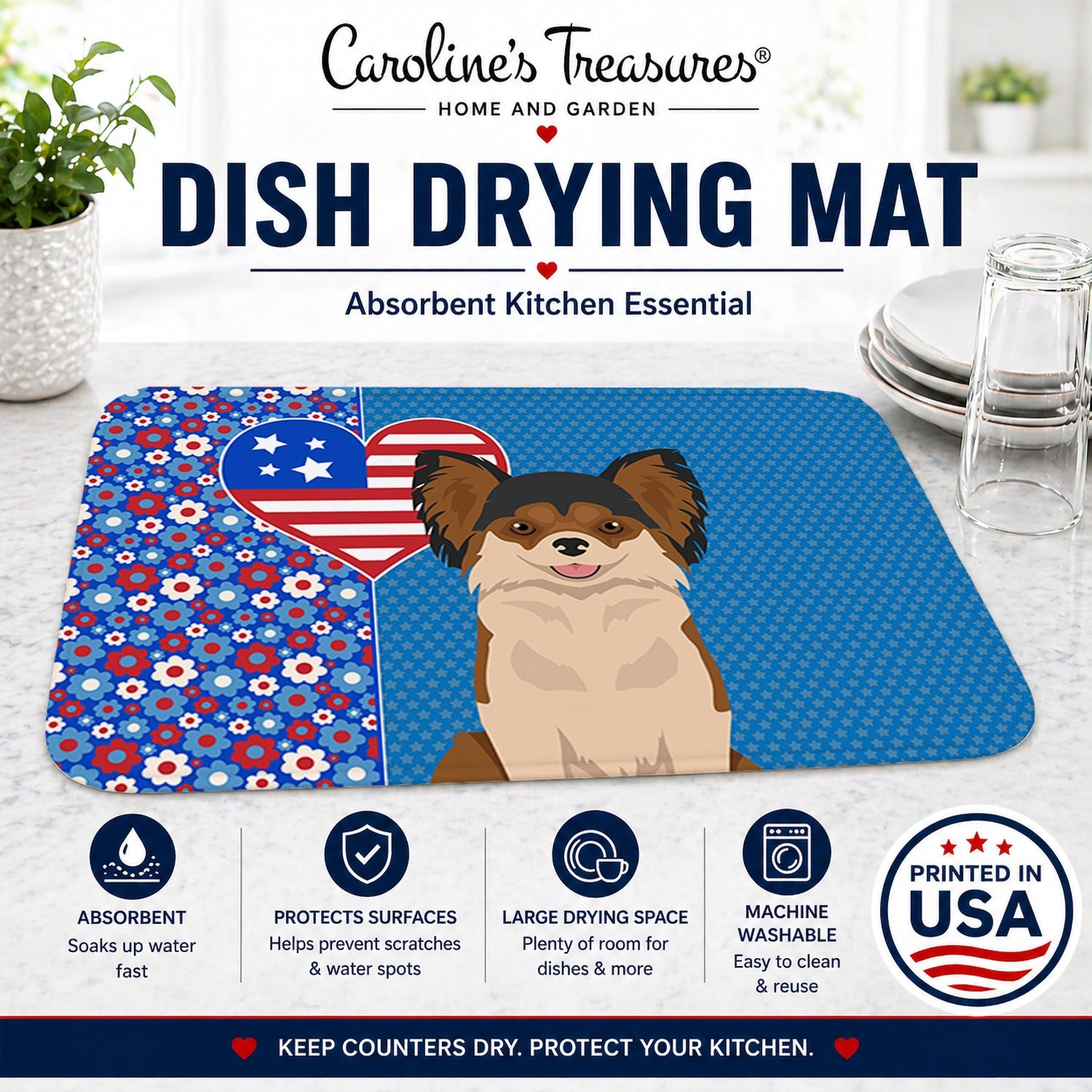 Longhaired Black and Red Chihuahua USA American Dish Drying Mat Absorbent Dish Drying Mat Pad for Kitchen Counter Dish Drainer Mat for Countertop, 14 x 21", Multicolor