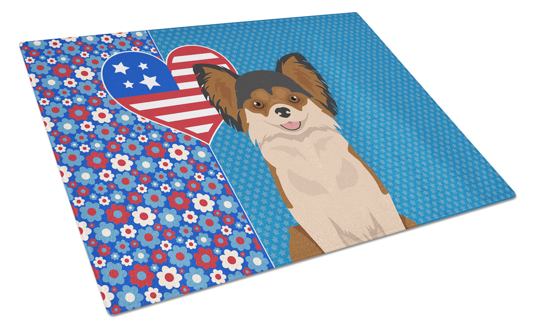 Longhaired Black and Red Chihuahua USA American Cutting Board Tempered Glass Kitchen Cutting Surface, Heat Resistant Chopping, Non-Slip Feet, Food Prep & Serving