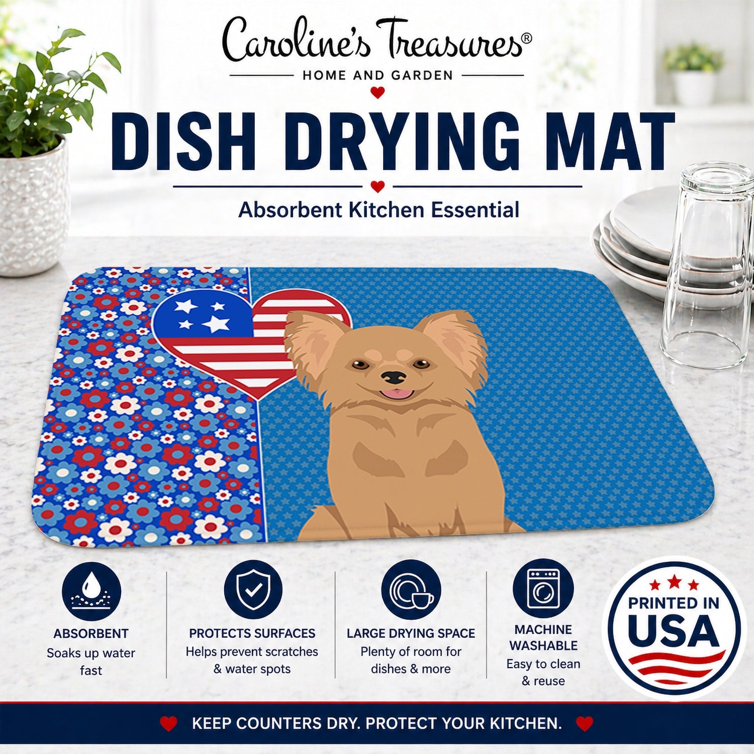 Longhaired Gold Chihuahua USA American Dish Drying Mat Absorbent Dish Drying Mat Pad for Kitchen Counter Dish Drainer Mat for Countertop, 14 x 21", Multicolor