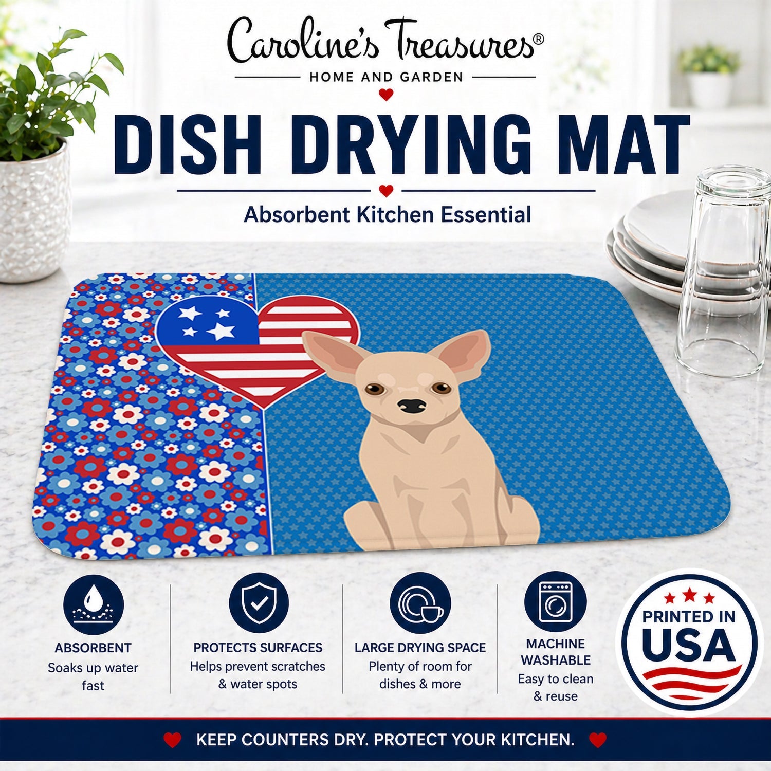 Fawn Chihuahua USA American Dish Drying Mat Absorbent Dish Drying Mat Pad for Kitchen Counter Dish Drainer Mat for Countertop, 14 x 21", Multicolor