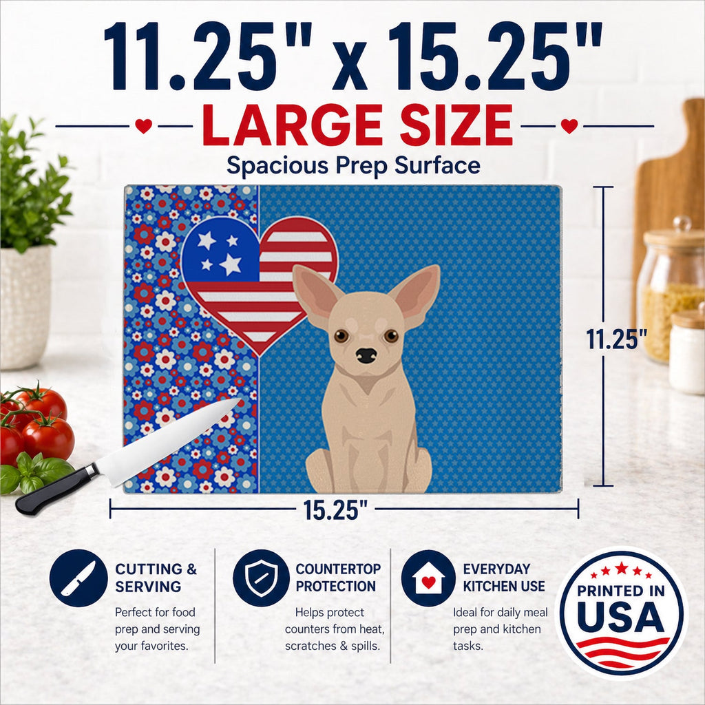 Fawn Chihuahua USA American Cutting Board Tempered Glass Kitchen Cutting Surface, Heat Resistant Chopping, Non-Slip Feet, Food Prep & Serving