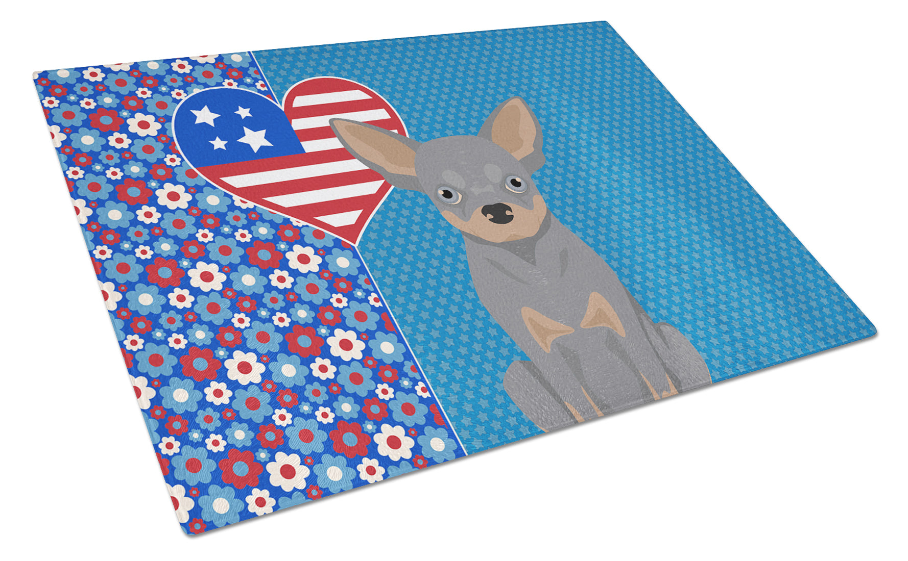 Blue and Tan Chihuahua USA American Cutting Board Tempered Glass Kitchen Cutting Surface, Heat Resistant Chopping, Non-Slip Feet, Food Prep & Serving