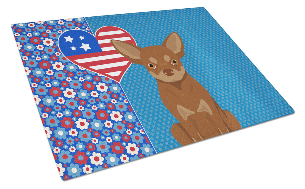 Chocolate and Tan Chihuahua USA American Cutting Board Tempered Glass Kitchen Cutting Surface, Heat Resistant Chopping, Non-Slip Feet, Food Prep & Serving