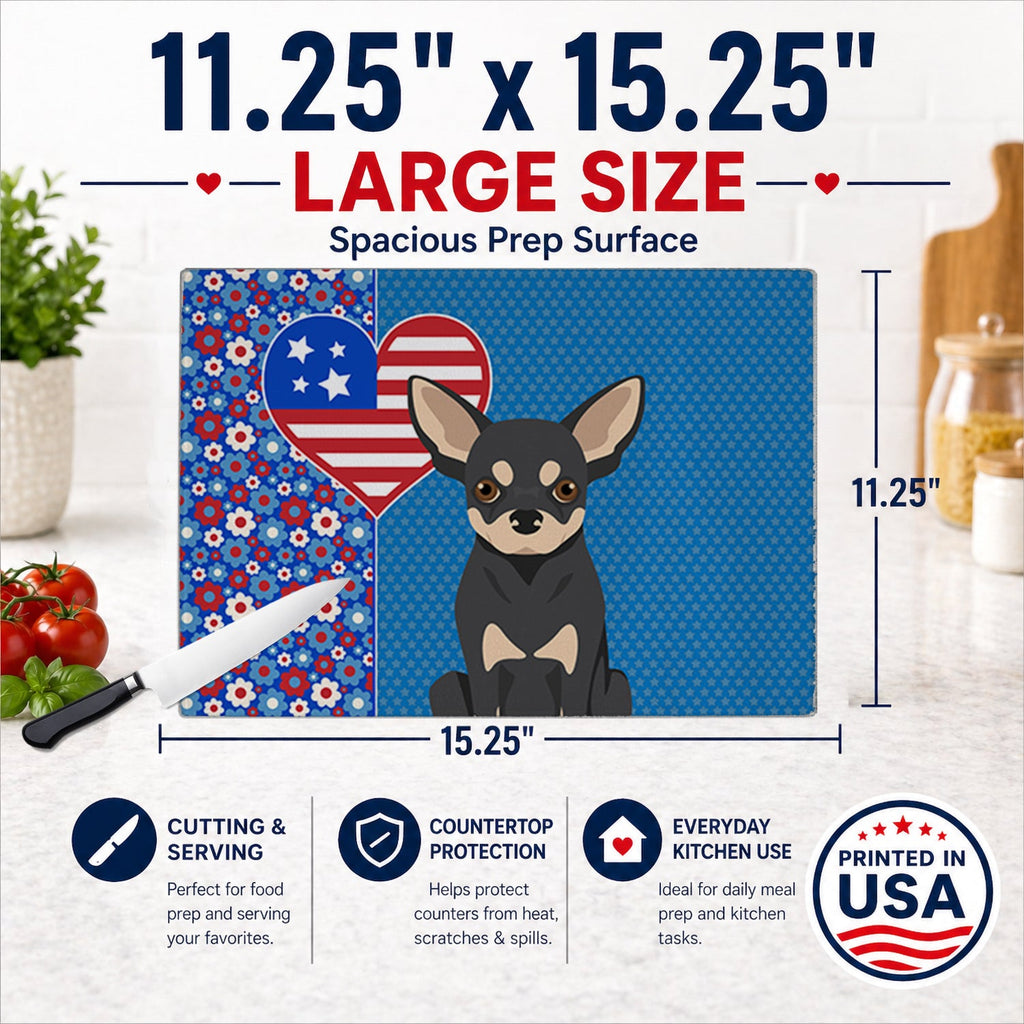 Black and Cream Chihuahua USA American Cutting Board Tempered Glass Kitchen Cutting Surface, Heat Resistant Chopping, Non-Slip Feet, Food Prep & Serving