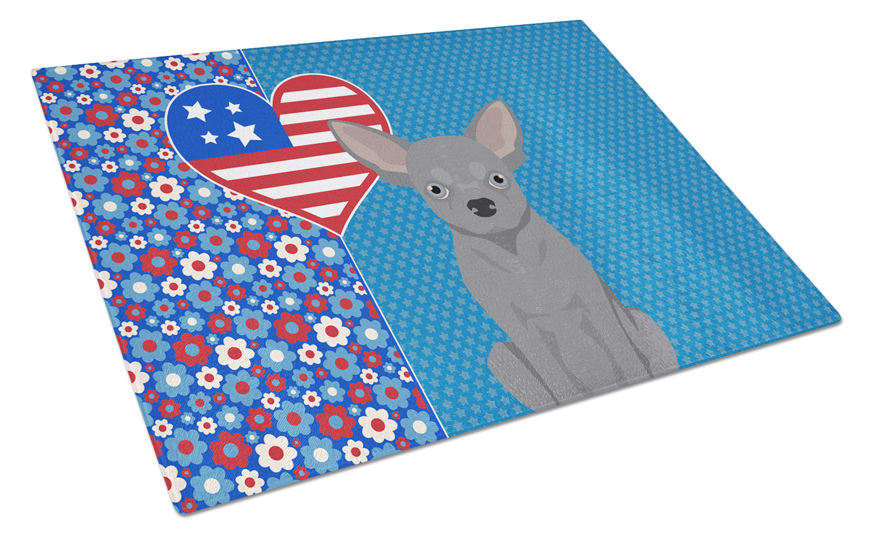 Blue Chihuahua USA American Cutting Board Tempered Glass Kitchen Cutting Surface, Heat Resistant Chopping, Non-Slip Feet, Food Prep & Serving