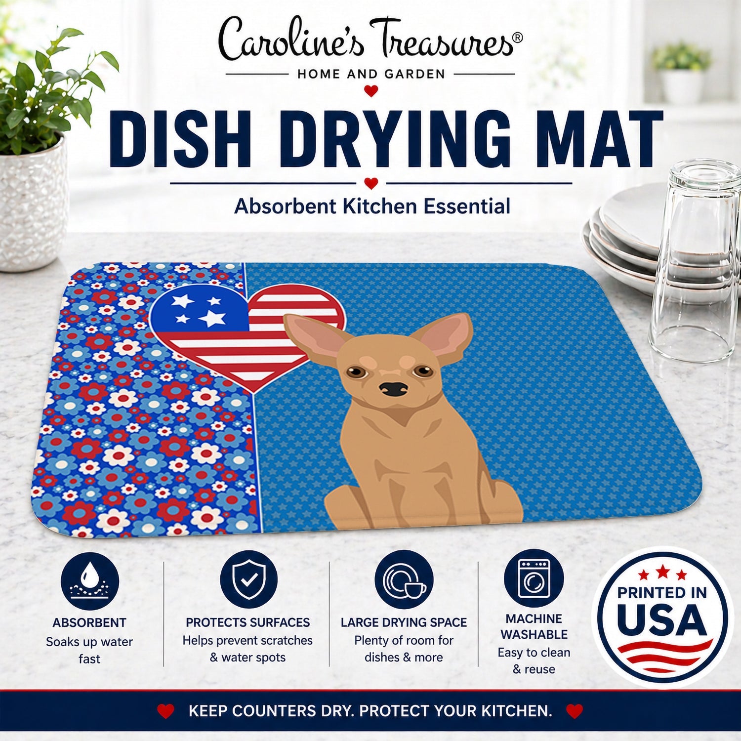 Gold Chihuahua USA American Dish Drying Mat Absorbent Dish Drying Mat Pad for Kitchen Counter Dish Drainer Mat for Countertop, 14 x 21", Multicolor