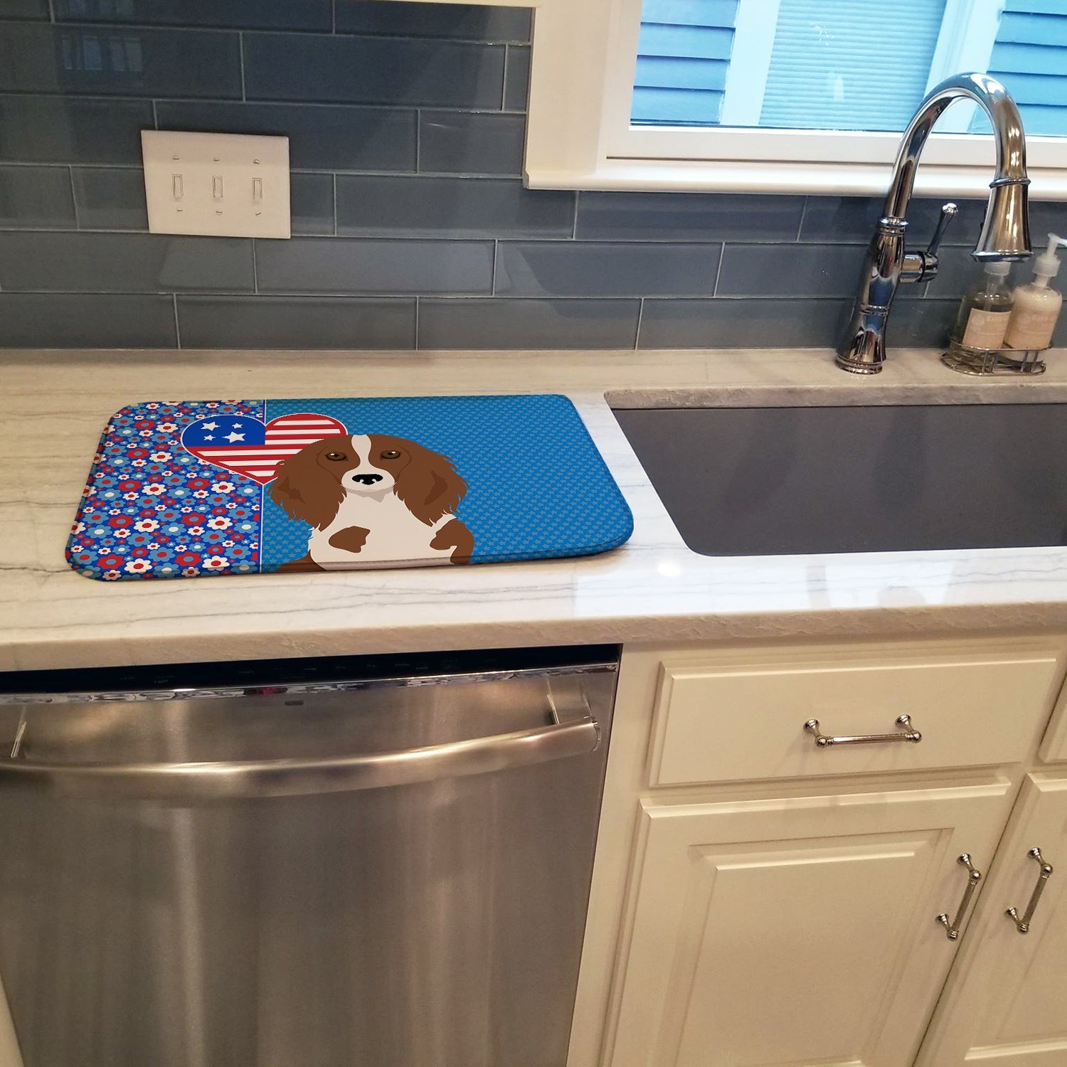 Longhair Red Pedbald Dachshund USA American Dish Drying Mat Absorbent Dish Drying Mat Pad for Kitchen Counter Dish Drainer Mat for Countertop, 14 x 21", Multicolor