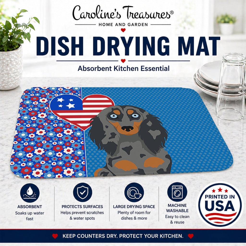 Longhair Blue and Tan Dapple Dachshund USA American Dish Drying Mat Absorbent Dish Drying Mat Pad for Kitchen Counter Dish Drainer Mat for Countertop, 14 x 21", Multicolor