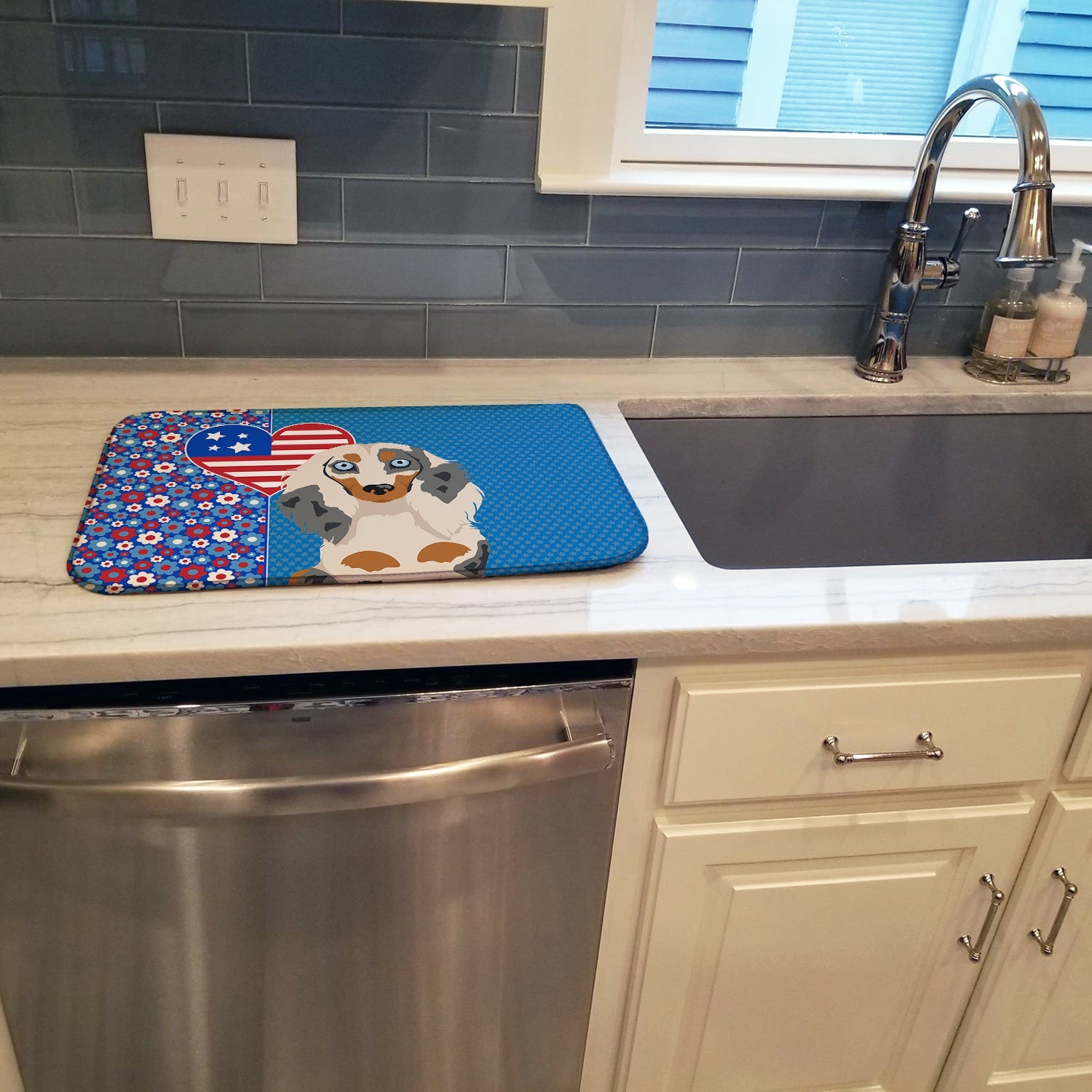 Longhair Cream Dapple Dachshund USA American Dish Drying Mat Absorbent Dish Drying Mat Pad for Kitchen Counter Dish Drainer Mat for Countertop, 14 x 21", Multicolor